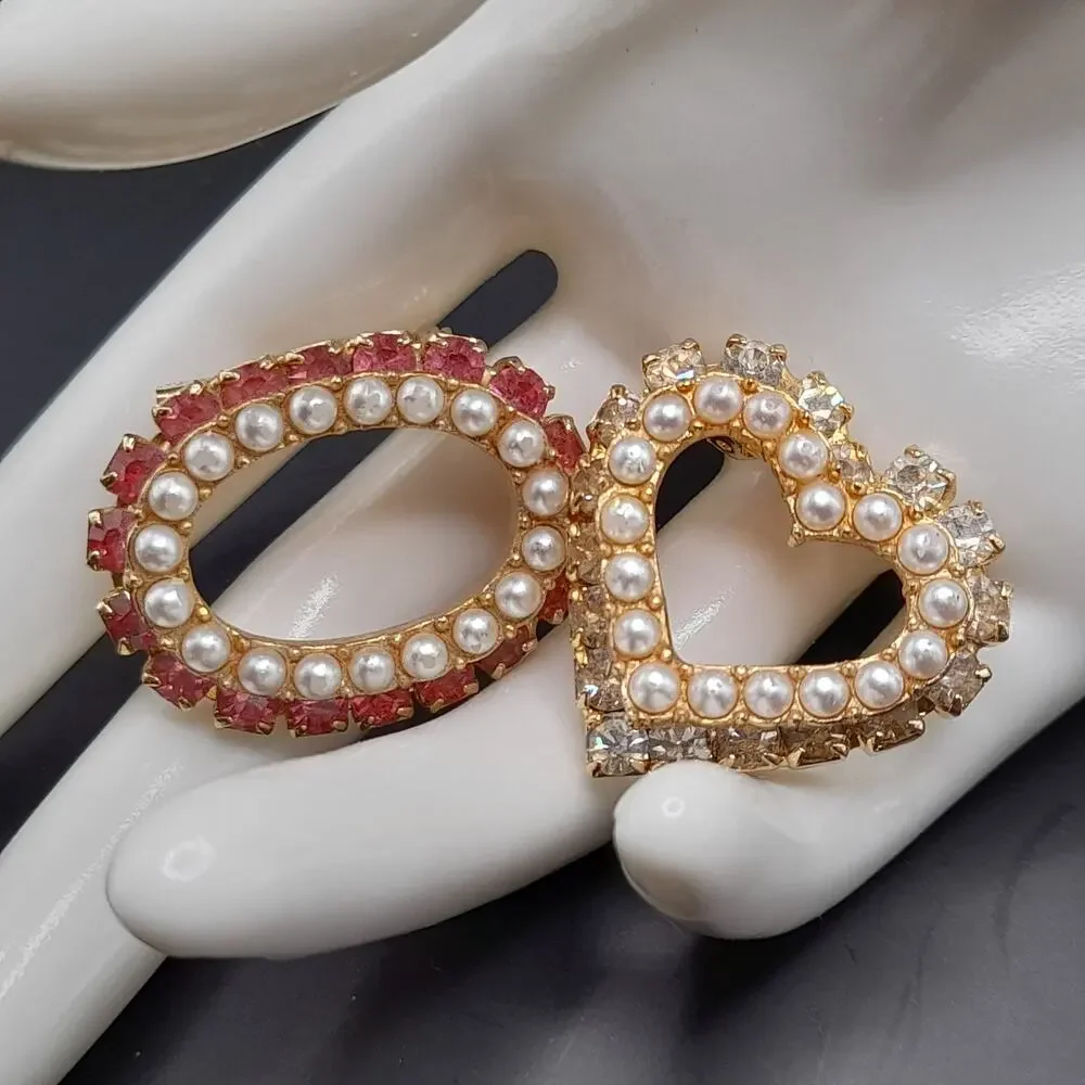 Vintage Twin Pin Brooches Set, Pink Clear Rhinestones, Oval & Heart, Gold Tone
